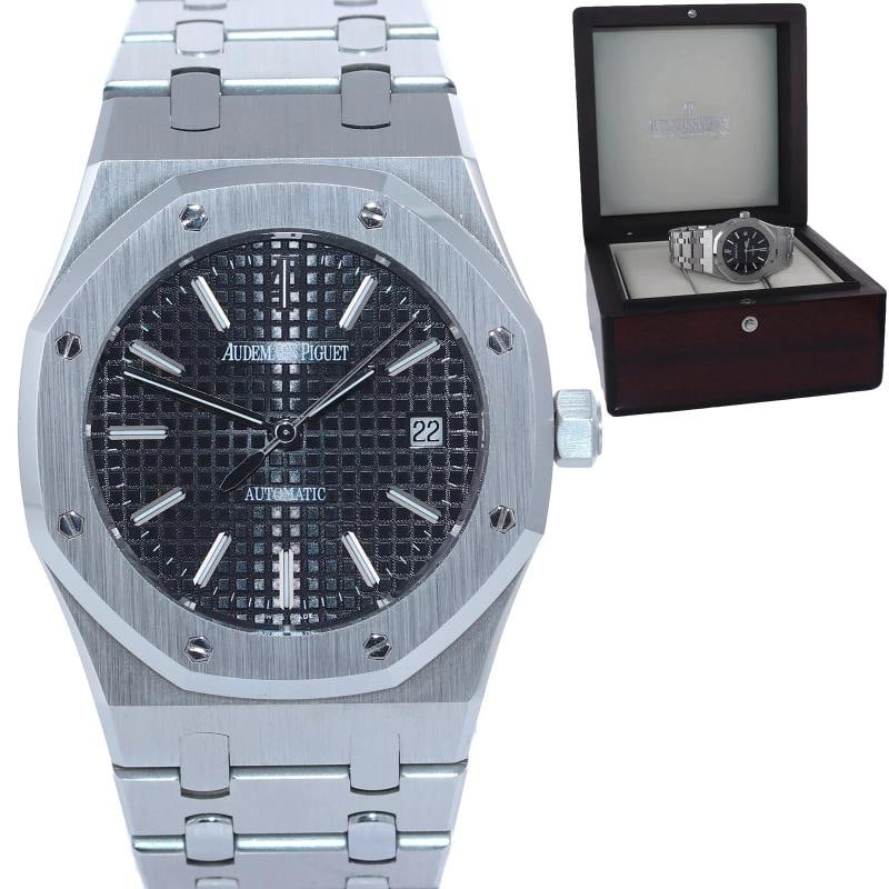 MINT Audemars Piguet Royal Oak Black 39mm Steel 15300ST Date Watch Box: Case & Dial Case Material: Audemars Piguet Stainless Steel Case Size: 39mm Bezel: Audemars Piguet Steel Crystal: Audemars Piguet Sapphire Dial: Audemars Piguet Black Movement & Bracelet Movement: