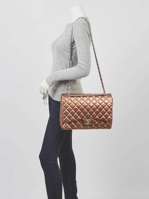 Chanel Bronze Striated Quilted Patent Leather Classic Maxi Double Flap Bag - 2