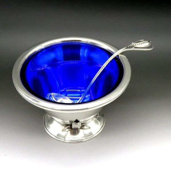 Vintage Carl Poul Petersen Sterling Silver Cobalt Glass Lined Bowl w/ Ladle: Brand: Carl Poul Petersen,Style: Danish Mid Century Modern,Age: 1940-1960,Composition: Sterling Silver (.925) & Glass,Maker: Carl Poul Petersen,Country of Origin: Denmark Presented is a very fine