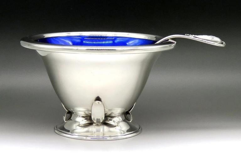 Vintage Carl Poul Petersen Sterling Silver Cobalt Glass Lined Bowl w/ Ladle - 2