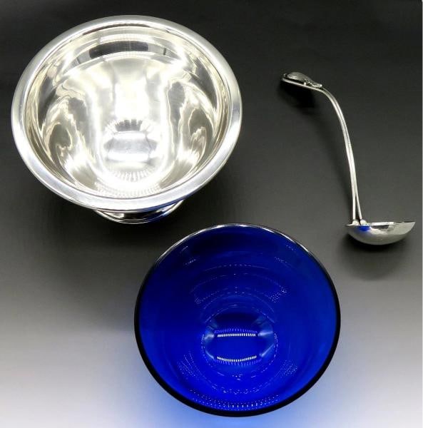 Vintage Carl Poul Petersen Sterling Silver Cobalt Glass Lined Bowl w/ Ladle - 7