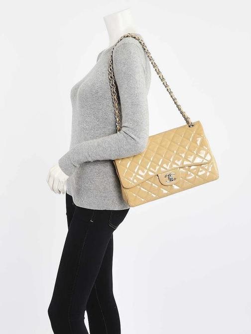 Chanel Beige Quilted Patent Leather Classic Jumbo Double Flap Bag - 2