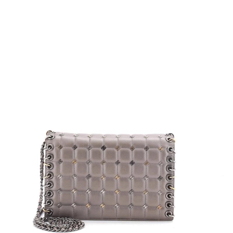 Chanel Piercing Chain Flap Bag CC Studded Quilted Lambskin Small: Measurements: Height 5.5", Width 7.5", Depth 2", Strap Drop 21.5". Condition: Pre-owned - Good,Brand: Chanel,Exterior Material: Leather,Style: Cross Body Bags,Exterior Color: Gray,Department: