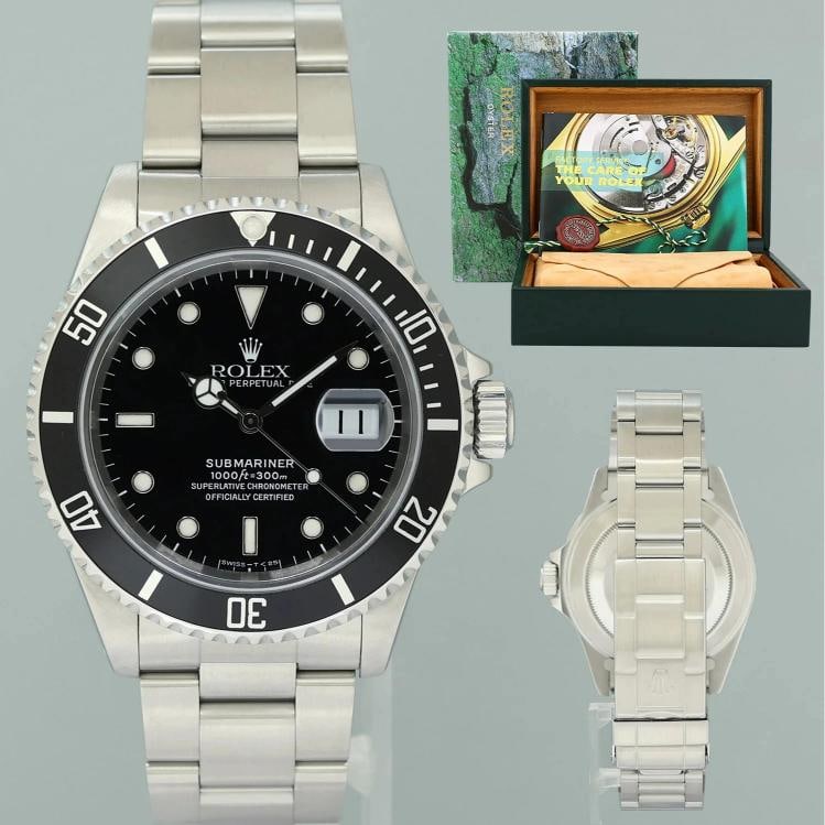 MINT 1996 Rolex Submariner Date Tritium 16610 Steel Black 40mm Oyster Watch Box: Case & Dial Case Material: Rolex Stainless Steel Case Size: 40mm Bezel: Rolex Black Crystal: Rolex Sapphire Dial: Rolex Black Tritium Movement & Bracelet Movement: Rolex Automatic Bracelet Design: