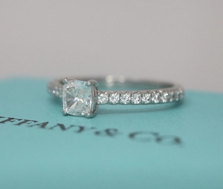 Tiffany & Co Platinum NOVO Cushion Diamond Engagement Ring 0.57ct: ¢“â€¯¸½Size/measurements: 5.75 (resizable) . Condition: Pre-owned - Excellent: This item has been previously worn; however, it is in excellent condition. Any