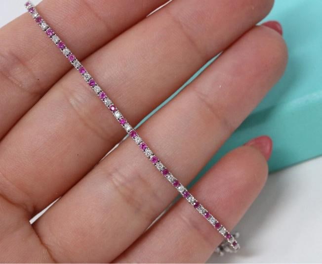 Natural Round Diamond & Ruby Tennis Bracelet 14k White Gold Rtl - 2