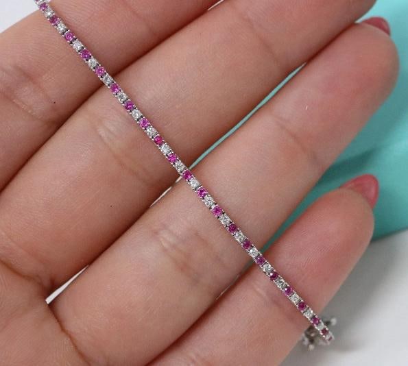 Natural Round Diamond & Ruby Tennis Bracelet 14k White Gold Rtl - 4