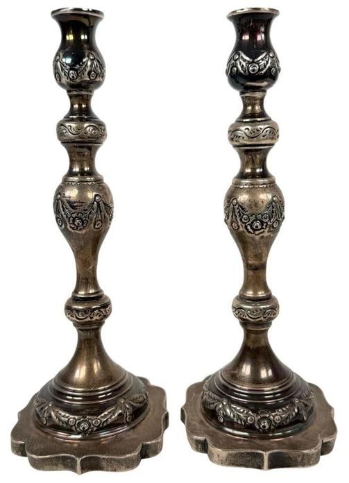 Pair Antique Moses Salkind London Shabbat Judaica Sterling Silver Candlesticks (1 of 19)