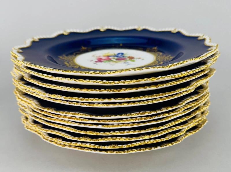 Set 12 1903 Royal Worcester Cobalt Blue Handpainted Floral Plates - 2