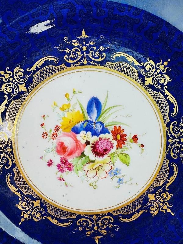 Set 12 1903 Royal Worcester Cobalt Blue Handpainted Floral Plates - 3