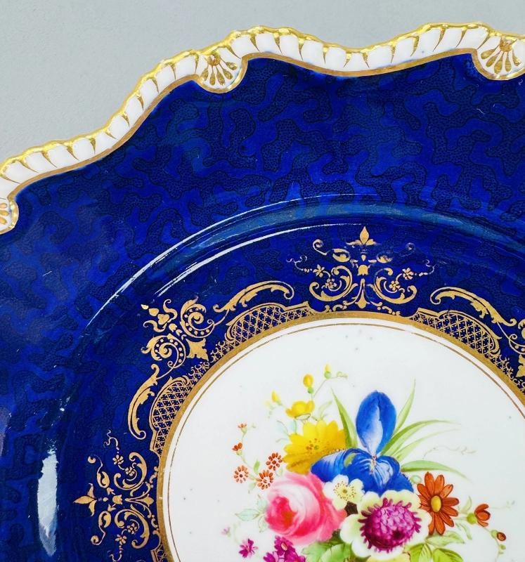 Set 12 1903 Royal Worcester Cobalt Blue Handpainted Floral Plates - 4