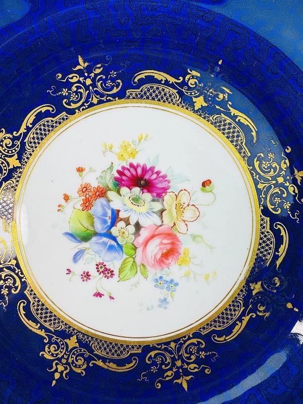 Set 12 1903 Royal Worcester Cobalt Blue Handpainted Floral Plates - 5
