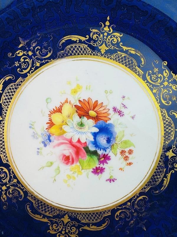 Set 12 1903 Royal Worcester Cobalt Blue Handpainted Floral Plates - 6