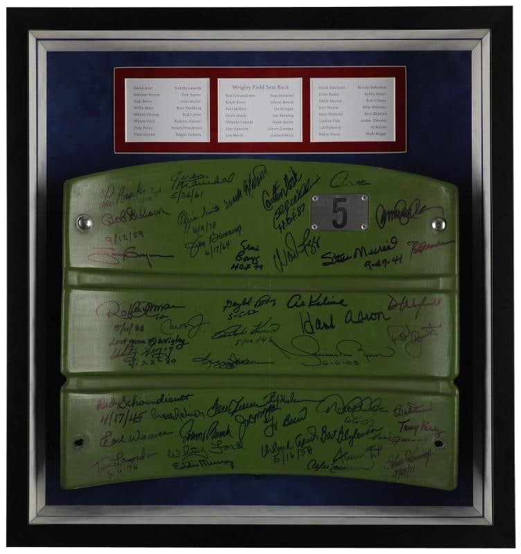 The Finest Hall Of Fame Multi Signed Wrigley Field Seatback 50 Sigs! Steiner COA: signed by 46 MLB Hall of Famers. Key signatures on the seat back include those of Hank Aaron, Lou Brock, who inscribed "[¢â‚¬¦] 1961," Juan Marichal, who inscribed "5/26/61,"