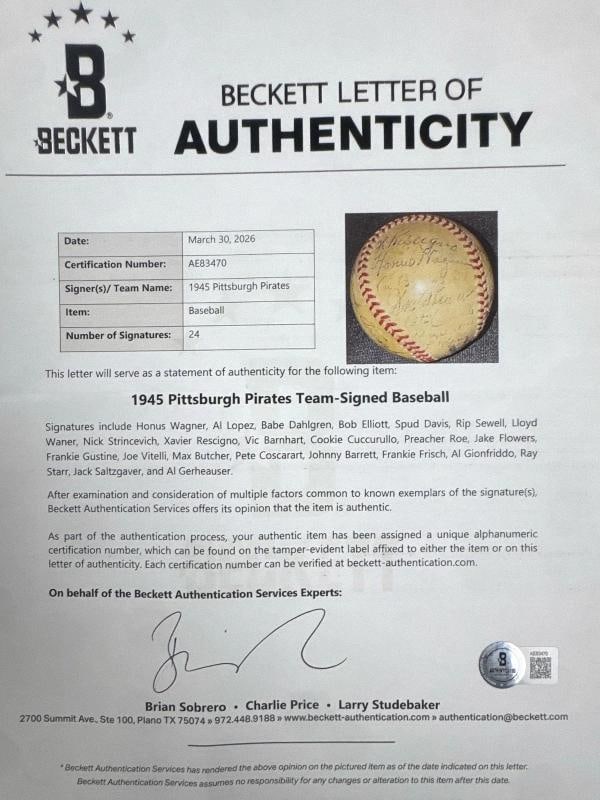 Honus Wagner 1945 Pittsburgh Pirates Team Signed National League Baseball BAS - 7