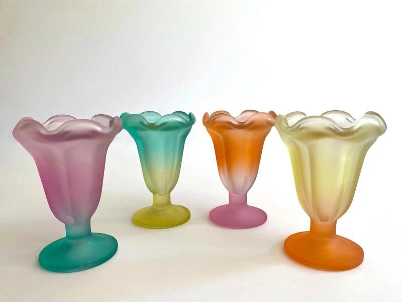 MID CENTURY MODERN FROSTED GLASS PASTEL PARFAIT TULIP DESSERT CUPS - SET OF 4 - 11