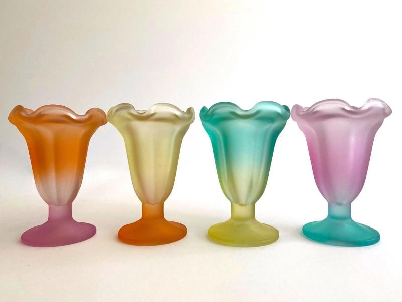 MID CENTURY MODERN FROSTED GLASS PASTEL PARFAIT TULIP DESSERT CUPS - SET OF 4 - 3