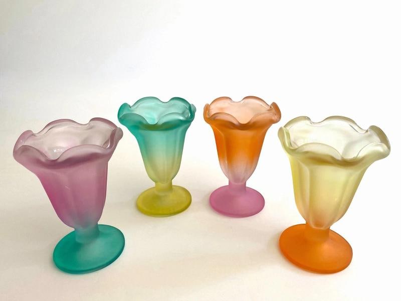 MID CENTURY MODERN FROSTED GLASS PASTEL PARFAIT TULIP DESSERT CUPS - SET OF 4 - 4