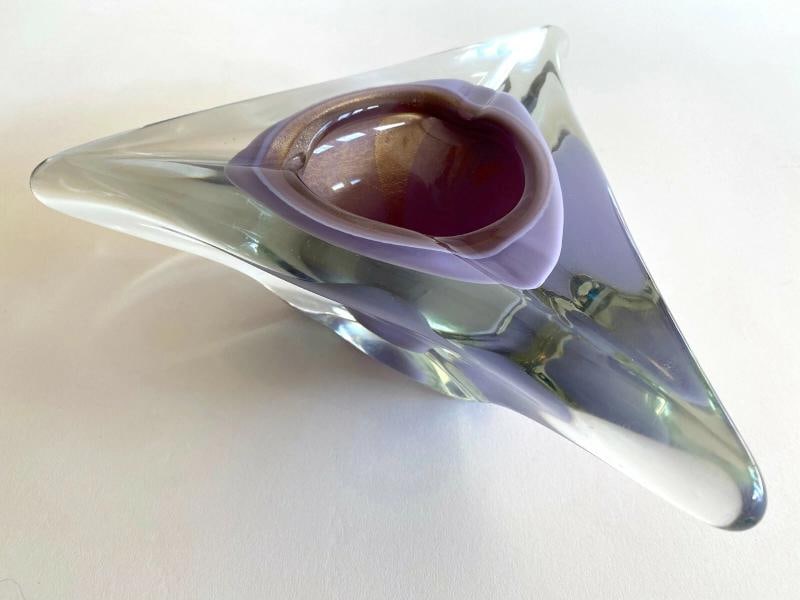 MCM SALVIATI MURANO ART GLASS LAVENDER GOLD LEAF SOMMERSO LRG TRIANGLE BOWL - 9
