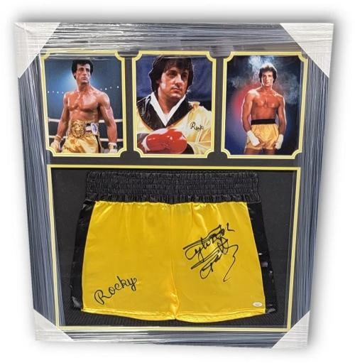 Sylvester Stallone Hand Signed Autographed Boxing Trunks Rocky Framed JSA Letter: Autograph Authentication: James Spence (JSA),Industry: Movies,Original/Reproduction: Original,Signed: yes,Player: Sylvester Stallone,Country of Origin: United States
