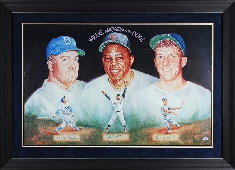 Mickey Mantle, Willie Mays & Duke Snider Signed & Framed 24x36 Lithograph PSA (1 of 4)