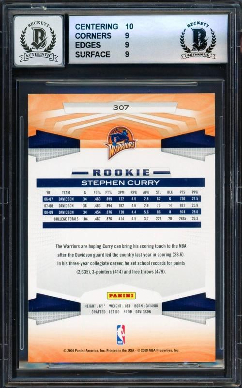 Stephen Curry Signed 2009-10 Panini RC #307 Warriors BGS 9 Sig GM 10 Card - 2