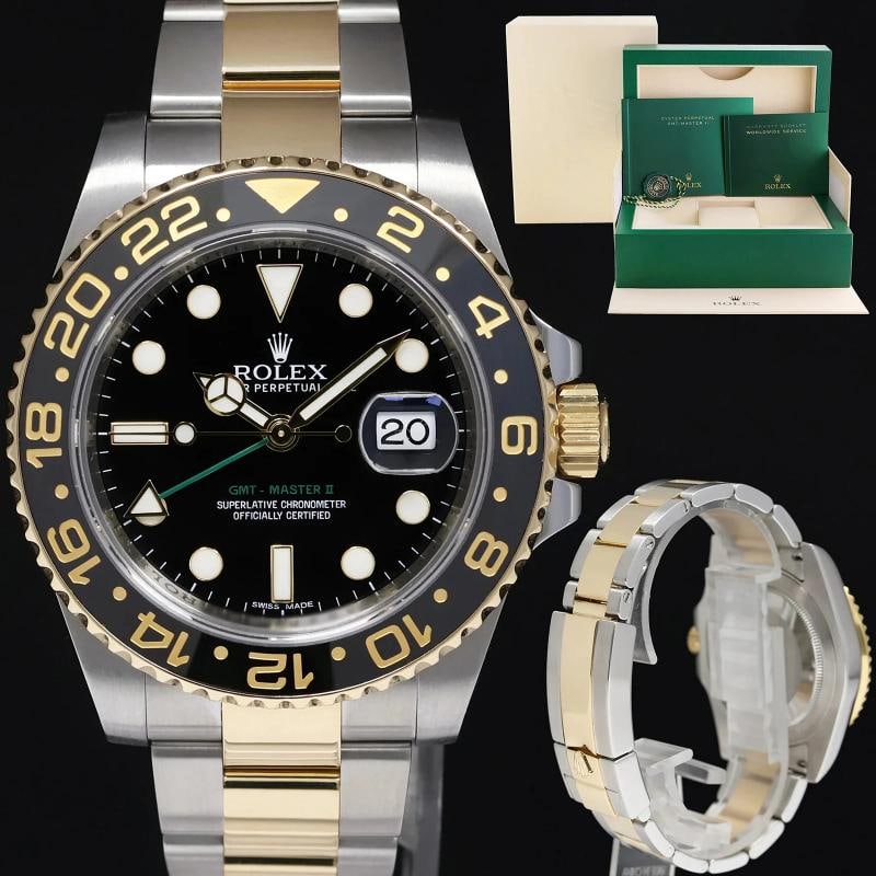 2017 MINT Rolex GMT-Master 2 Ceramic 116713 Black Two Tone Steel Gold Watch: Case & Dial Case Material: Rolex Two-Tone Yellow Gold & Stainless Steel Case Size: 40mm Bezel: Rolex Black Ceramic Crystal: Rolex Sapphire Dial: Rolex Black Movement & Bracelet Movement: Rolex