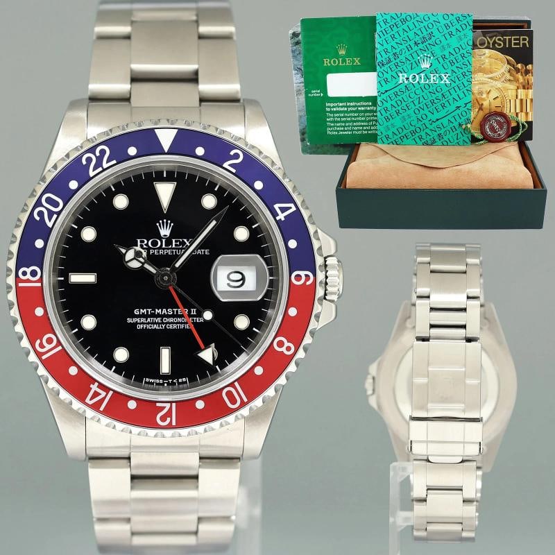MINT Rolex GMT-Master 2 Pepsi Blue Red Oyster 40mm Steel 16710 Watch Box: Case & Dial Case Material: Rolex Stainless Steel Case Size: 40mm Bezel: Rolex Pepsi Blue and Red Crystal: Rolex Sapphire Dial: Rolex Black Tritium Movement & Bracelet Movement: Rolex Automatic