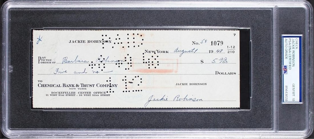 Dodgers Jackie Robinson Signed 3x8.15 1948 Check Auto Graded 10! PSA/DNA Slabbed: Product: Not Available,Player: Jackie Robinson,Original/Reprint: Original,Autograph Authentication: PSA,Team: Brooklyn Dodgers,PRODUCT_COA: PSA,PRODUCT_SIGNED_BY_NAME: Jackie