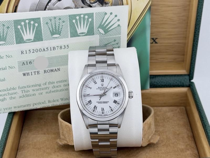 Rolex Oyster Perpetual Date 15200 34mm White Roman Dial Steel Box Papers - 11