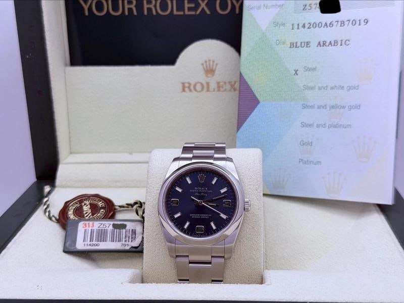 Rolex Oyster Perpetual Air King 114200 34mm Blue Dial Stainless Steel Box Papers: Style Number: 114200 Serial: Z57**** Year: 2008 Model: Rolex Air King Case Material: Stainless Steel Band: Stainless Steel Bezel: Stainless Steel Dial: Blue Arabic Numeral Dial Crystal: Sapphire Case 