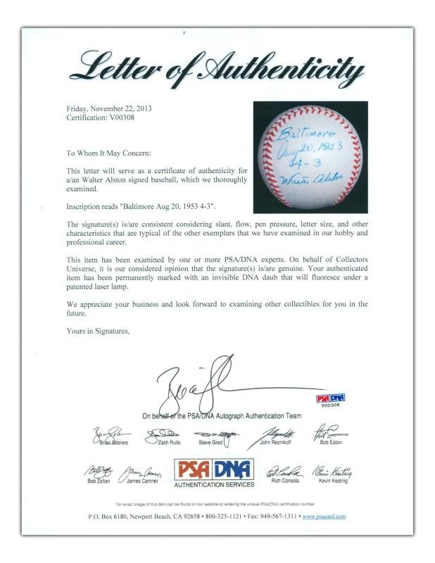 Beautiful Walt Alston Single Signed Vintage 1953 Baseball PSA DNA COA - 3
