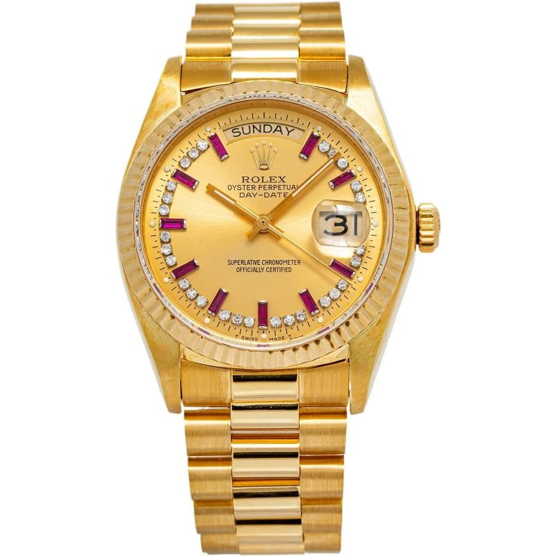 Rolex Day-Date 18038 Papers President 18k Ruby String Diamond Dial Watch 36mm: Condition: Pre-owned - Good: This item has been gently used but is in good condition. It might have a few signs of wear, like light scratches or tarnishing. ,Brand: Rolex,WARRANTY: 1 Year,CONDITION