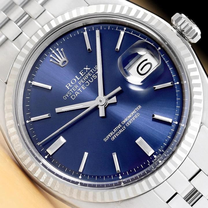 ROLEX DATEJUST 1601 BLUE DIAL 18K GOLD STAINLESS STEEL FOLDED BRACELET WATCH: Condition: Pre-owned - Excellent,Brand: Rolex,Department: Men's,Dial: Rolex Stick Dial Ref.,Bezel: Rolex 18K White Gold Fluted Bezel,Movement: Mechanical (Automatic),Features: 12-Hour Dial, Acrylic Cr