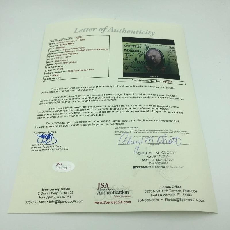 Rare Connie Mack Signed April 5, 1944 "Connie Mack Day Ticket "With JSA COA - 2