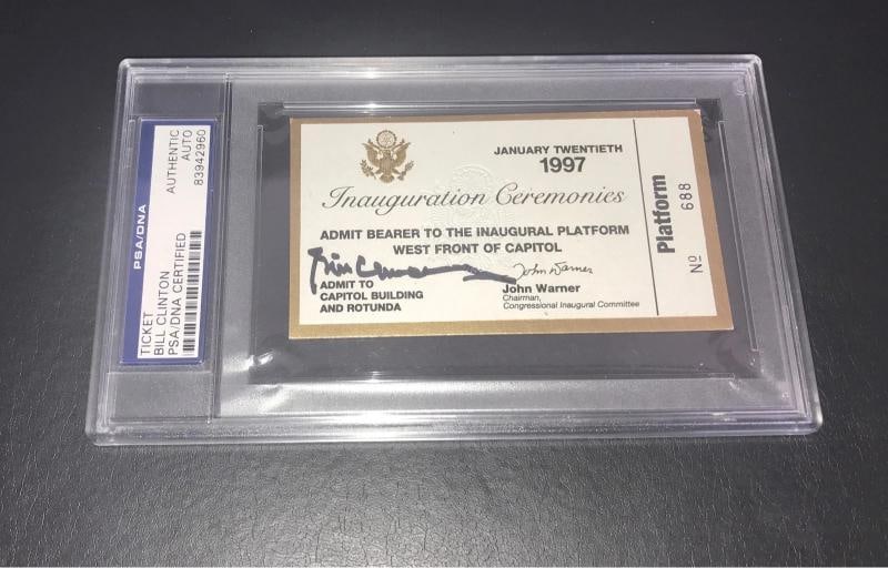 PRESIDENT BILL CLINTON SIGNED AUTOGRAPH SLABBED INAGURATION TICKET BAS BECKETT: President: Bill Clinton,Autograph Authentication: Professional Sports (PSA/DNA),Original/Reproduction: Original,Country of Origin: United States