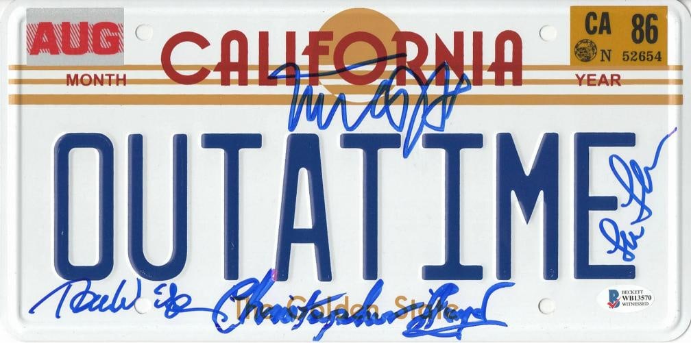 MICHAEL J FOX LLOYD THOMPSON WILSON OUTATIME BTTF SIGNED LICENSE PLATE BECKETT (1 of 1)