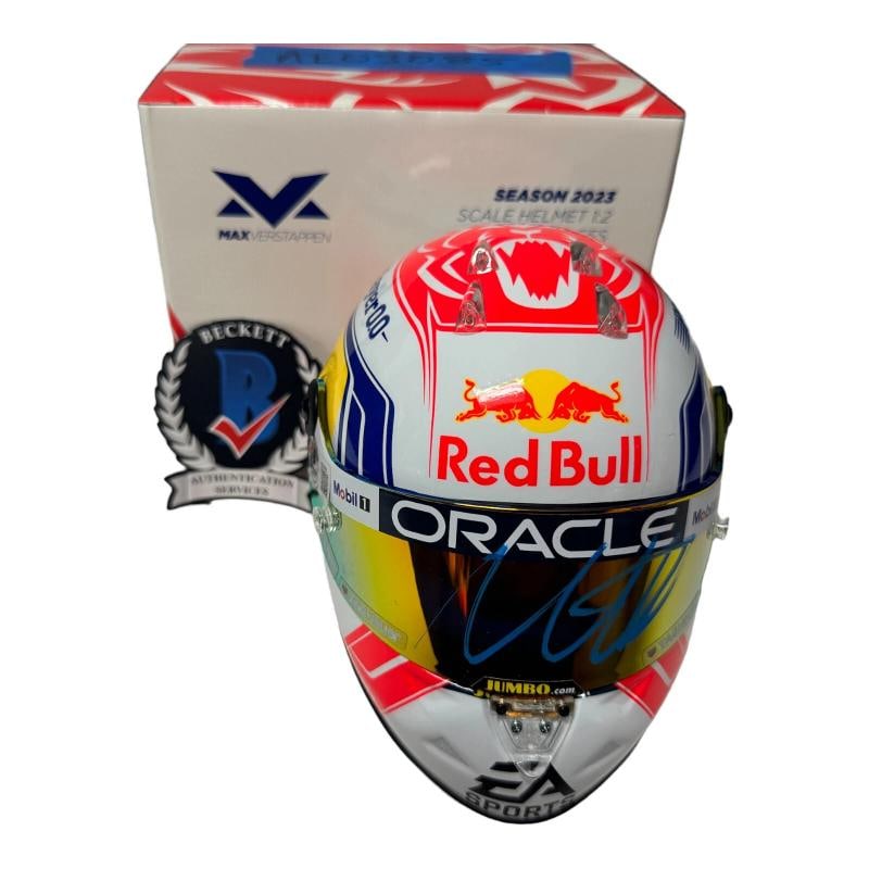 Max Verstappen Signed Autograph Helmet 1:2 2023 Season Red Bull Beckett BAS: Sport: Racing-Formula 1,Player: Max Verstappen,Signed: Yes,Original/Reprint: Original,Autograph Authentication: Beckett Authentication Services (BAS),Product: Helmet,Event/Tournament: Formula One,Coun
