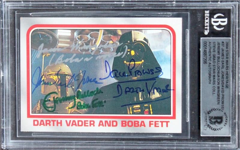 Star Wars (4) Jones, Prowse +2 Signed 2004 Star Wars Heritage #37 Card BAS Slab: Industry: Movies,Original/Reproduction: Original,Autograph Authentication: Beckett,PRODUCT_COA: Beckett,PRODUCT_SIGNED_BY_NAME: James Earl Jones, David Prowse, Jeremy Bulloch & Jason