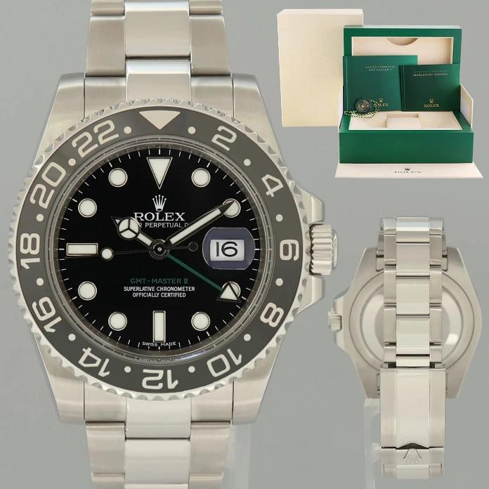 2015 MINT Rolex 116710LN GMT Master II Steel Ceramic Black 40mm Watch Box: Case & Dial Case Material: Rolex Stainless Steel Case Size: 40mm Bezel: Rolex Black Ceramic Crystal: Rolex Sapphire Dial: Rolex Black Movement & Bracelet Movement: Rolex Automatic Bracelet Design: