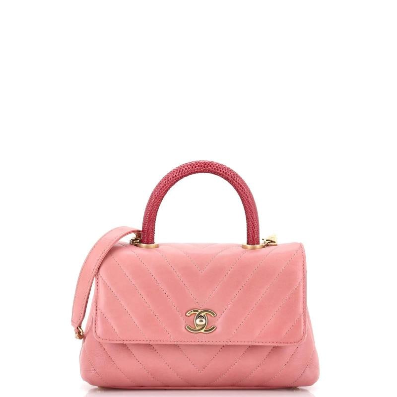 Chanel Coco Top Handle Bag Chevron Calfskin with Lizard Mini: Accessories: Dust Bag, With Strap Measurements: Handle Drop 3.5", Height 5.5", Width 9", Depth 4.5", Strap Drop 19". Condition: Pre-owned - Good,Brand: Chanel,Exterior Material: Exotic,