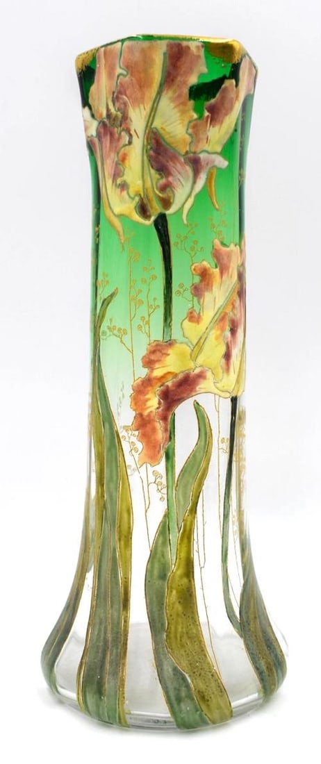 Mont Joye French Art Glass Vase with Enameled Flowers, Circa 1920 - 2