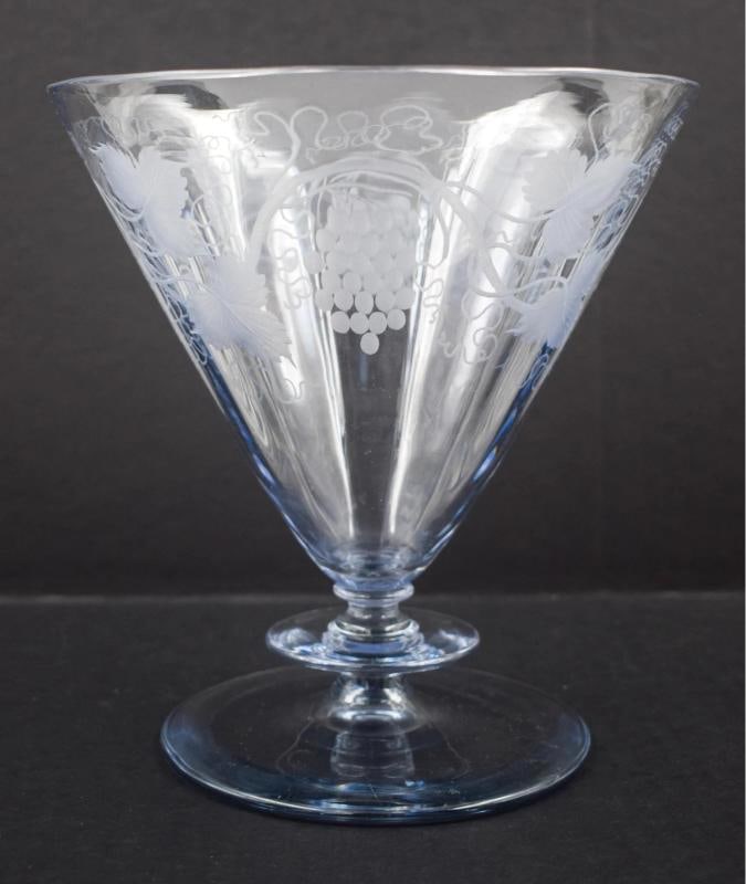 Steuben Moonlight Engraved Vase w/Grapes & Vines Shape #6419, Signed - 2