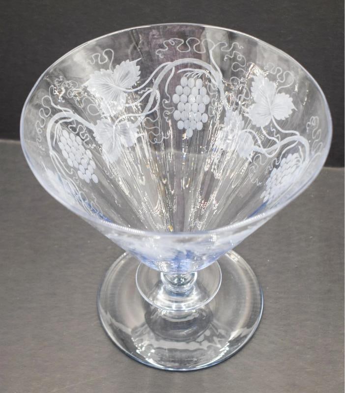 Steuben Moonlight Engraved Vase w/Grapes & Vines Shape #6419, Signed - 6