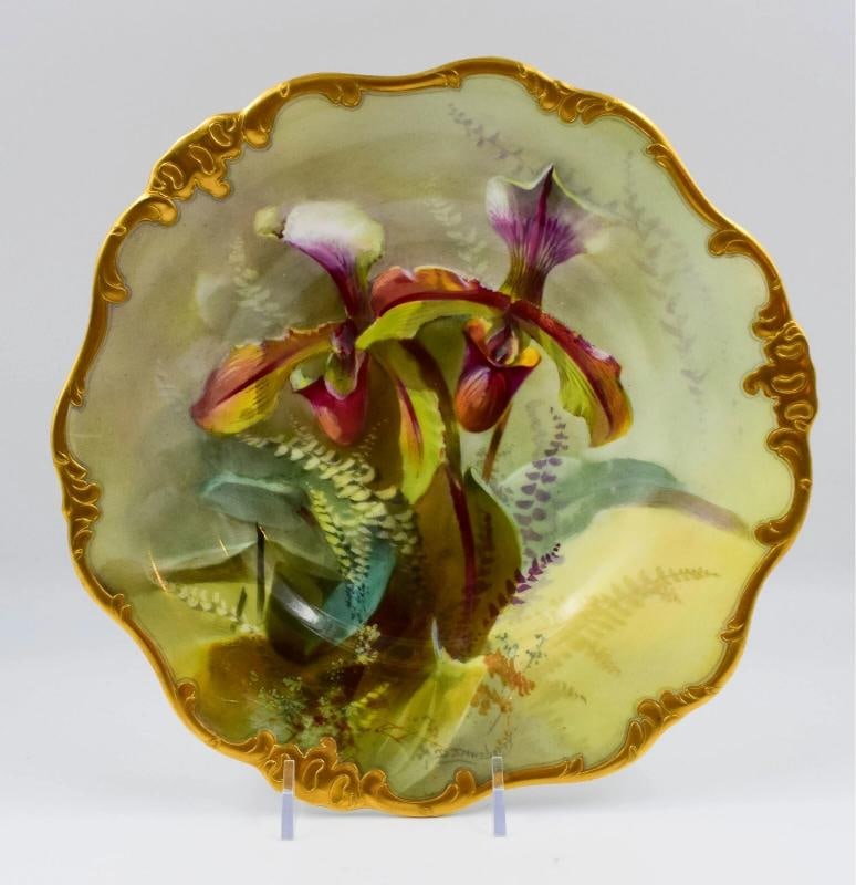 Royal Doulton Orchid Cabinet Plate, H.P. Artist Signed D. Dewsbury, Circa 1900: Measures 9 3/8" diameter by 3/4" deep.. Condition: Used,Brand: Royal Doulton,Type: Collector Plate,Country of Origin: United Kingdom