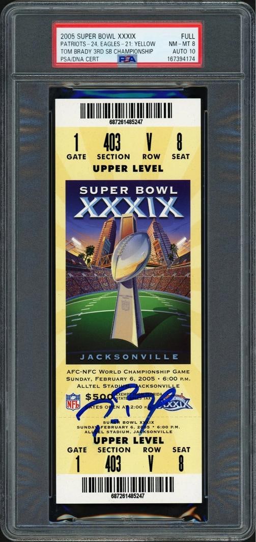 Tom Brady Signed 2005 SB XXXIX Full Ticket New England Patriots PSA 8 Auto 10: Sport: Football,Player: Tom Brady,Signed: Yes,Autograph Authentication: Professional Sports Authenticator (PSA),Original/Reprint: Original,Object Type: Ticket,Product: Ticket,Team: New England