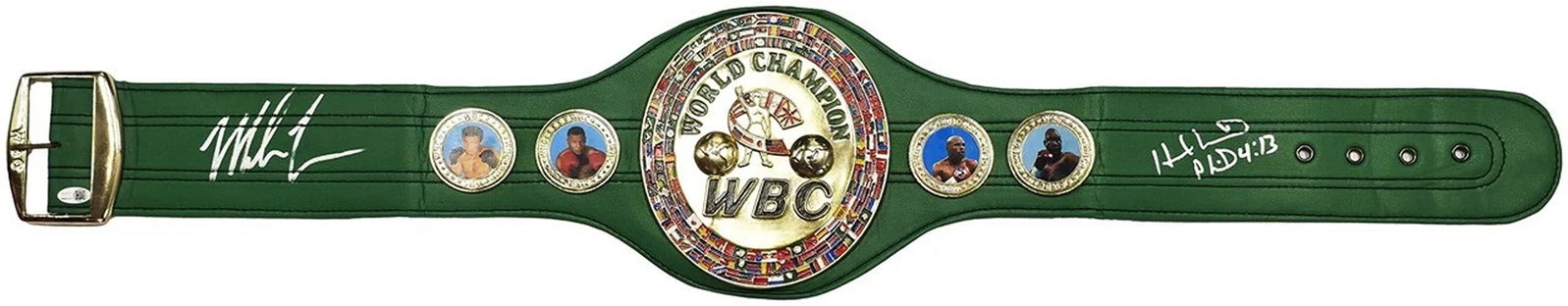 Mike Tyson & Evander Holyfield Auto Green WBC World Championship Boxing Belt JSA: Player: Mike Tyson,Sport: Boxing,Product: Memorabilia,Signed: Yes,Autograph Authentication: James Spence Authentication (JSA),Original/Reprint: Original,Country of Origin: United States