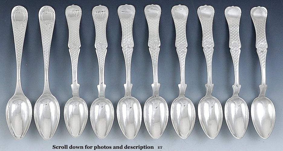 10 Antique Turkish Silver Engraved Tea Coffee Spoons NO MONO: Type: Spoons,Age: 1850-1899,Material: Silver,Region: Turkey,Composition: 800+ purity silver,Year Made: c1880,Country of Origin: Turkey Presented is a fine set of 10 Turkish silver teaspoons. The