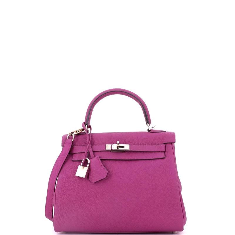 Hermes Kelly Handbag Pink Togo with Palladium Hardware 25: Accessories: Dust Bag, Box, Keys, Lock, Clochette, With Strap Measurements: Height 8", Width 9", Depth 4". Condition: Pre-owned - Good,Brand: Hermes,Exterior Material: Leather,Style: Top Handle,Exteri
