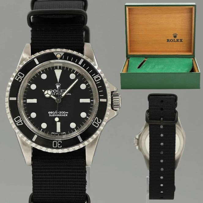 Vintage Rolex Submariner 5513 Matte Feet First Dial 40mm Steel Oyster Watch Box: Case & Dial Case Material: Rolex Stainless Steel Case Size: 40mm Bezel: Rolex Black Crystal: Rolex Acrylic Dial: Rolex Black Movement & Bracelet Movement: Rolex Automatic Bracelet Design: Custom Nato